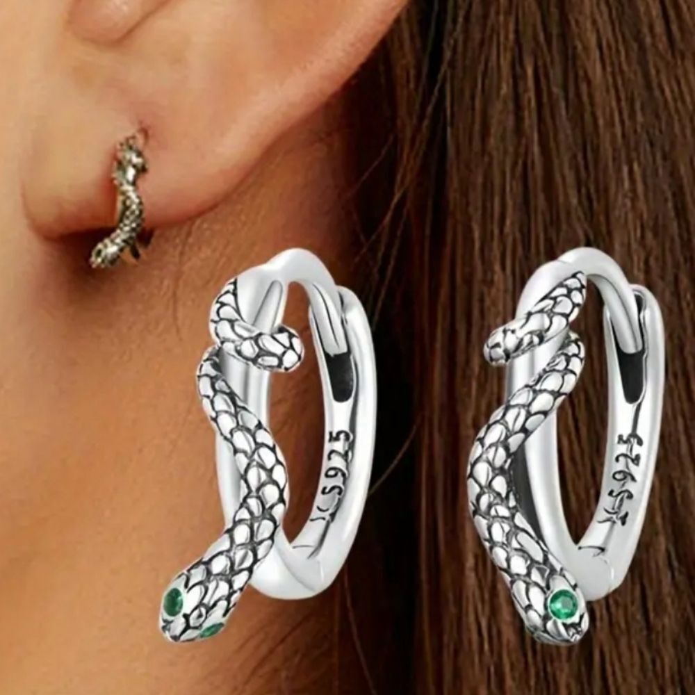 925βSilver Snake Hoop Earrings with Green Accents
